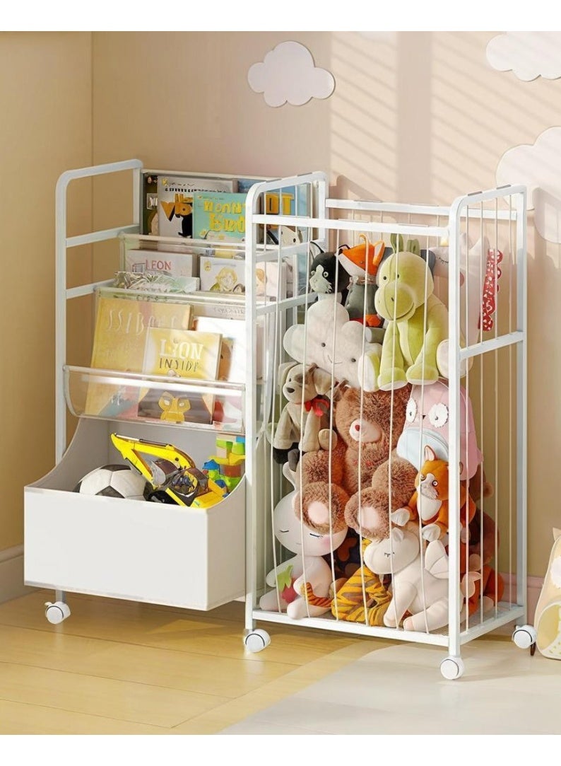 WALALLA Kids Bookshelf and Stuffed Animal Storage,3-in-1 Metal Toy Shelf with Wheels,Toddler Bookshelf with PVC Display Shelf & Toy Box,Sturdy Toy Organizer and Montessori Book Shelf for Kids Room,Playroom - Image 1